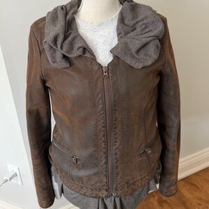 Elegant Brown Leather Jacket with Gray Accents